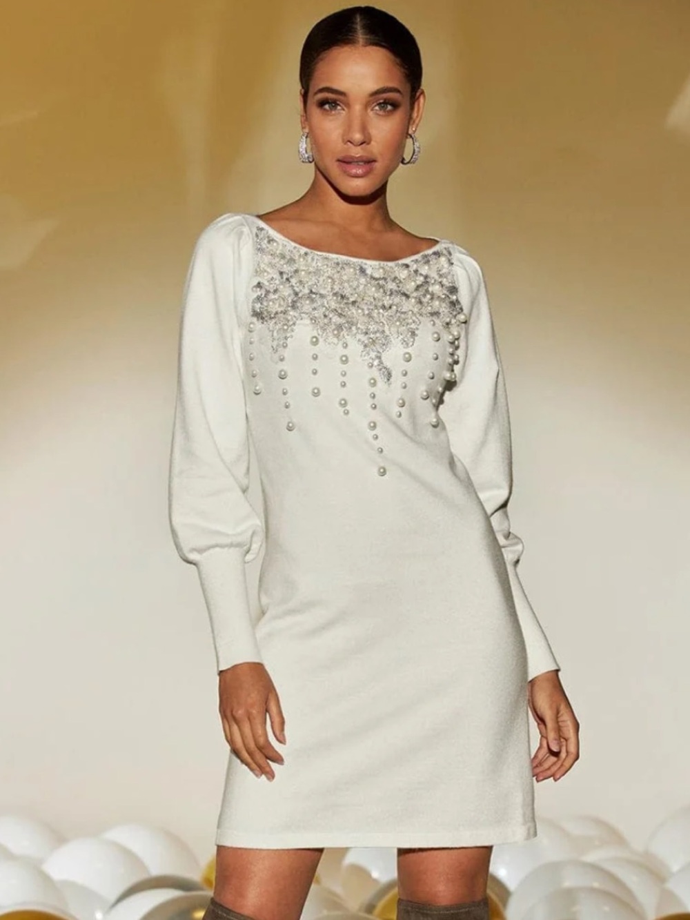 NWOT Boston Proper Pearl Embellished Off White Sweater Dress Size Small